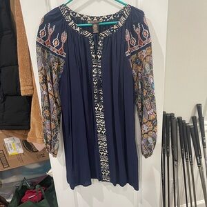 Flying Tomato Navy Boho Tunic Dress with Paisley Long Sleeves